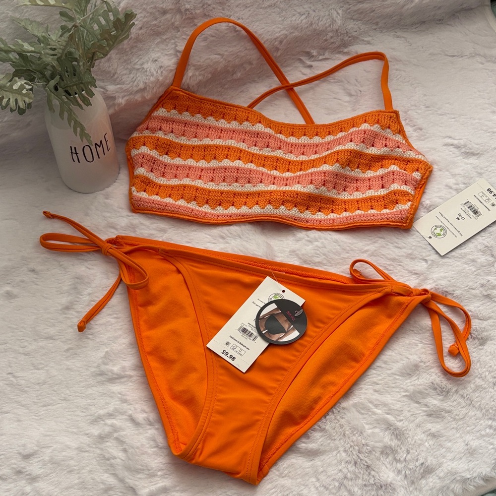 No Boundaries Juniors Size Orange Crochet Stripe Bikini Set